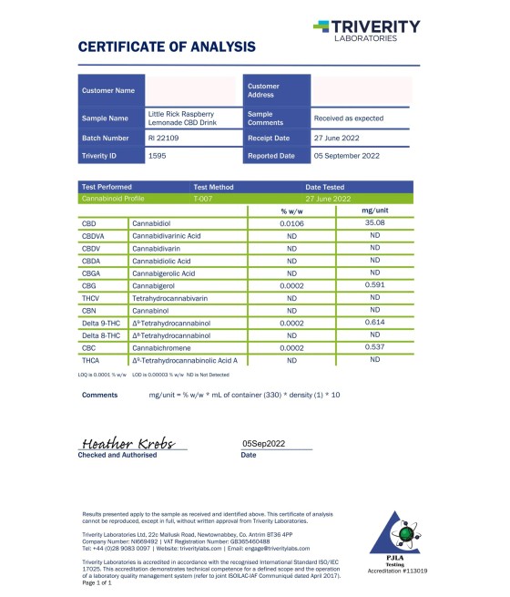 12 x Little Rick 32mg CBD Sparkling 330ml Raspberry Lemonade