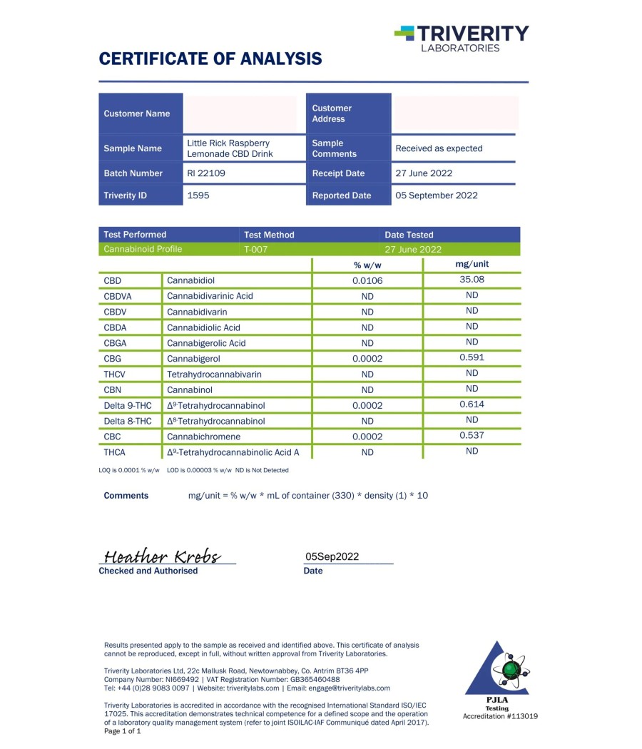 12 x Little Rick 32mg CBD Sparkling 330ml Raspberry Lemonade