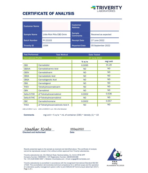 12 x Little Rick 32mg CBD Sparkling 330ml Pina