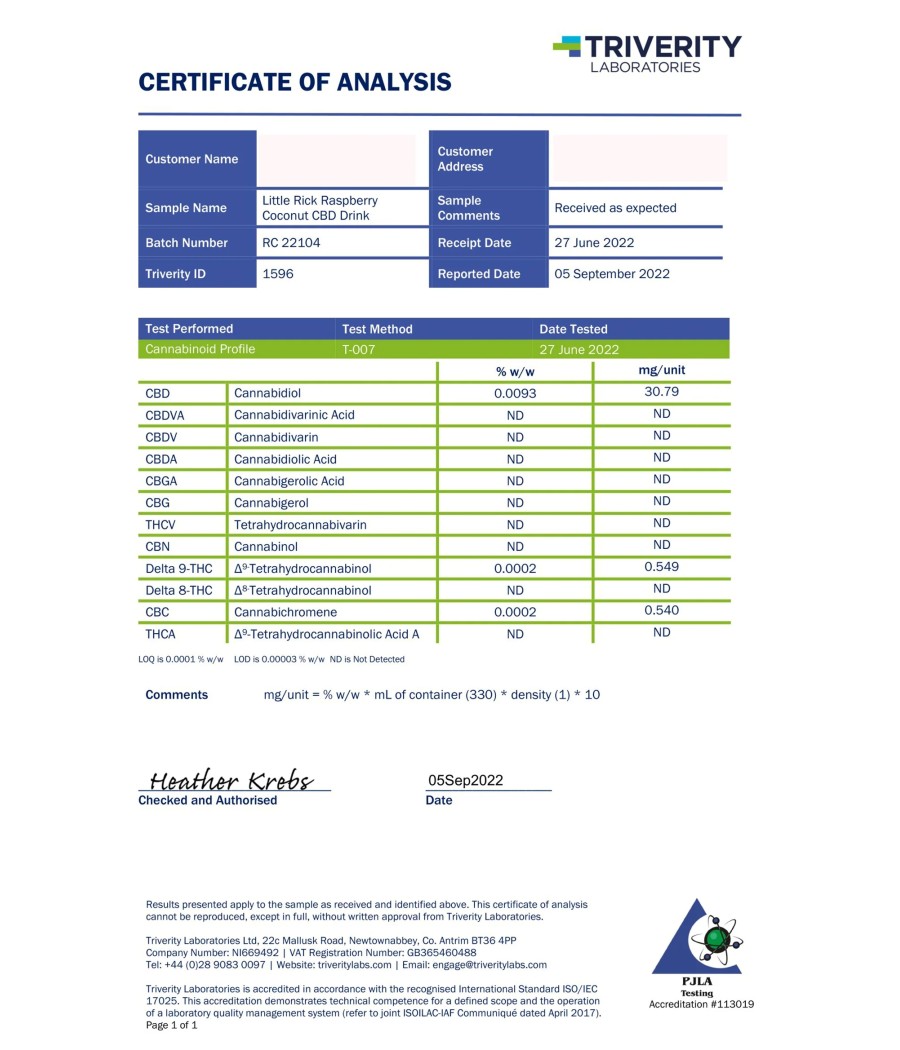 12 x Little Rick 32mg CBD Sparkling 330ml Raspberry Coconut Drink
