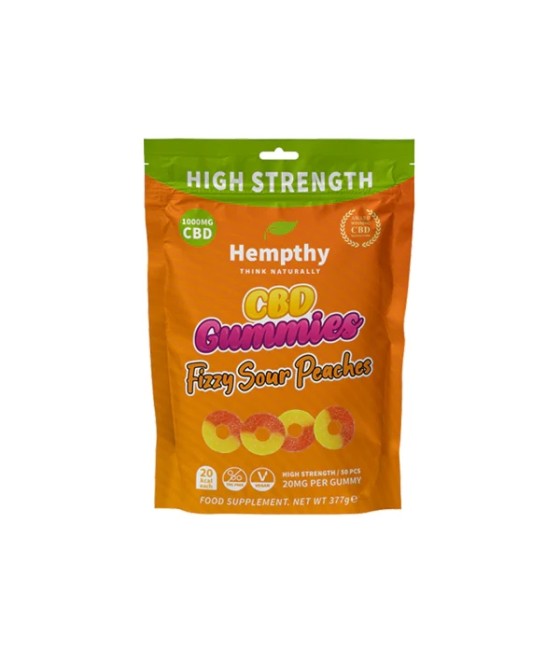 Hempthy 1000mg CBD Fizzy Sour Peach Rings Gummies - 50 Pieces
