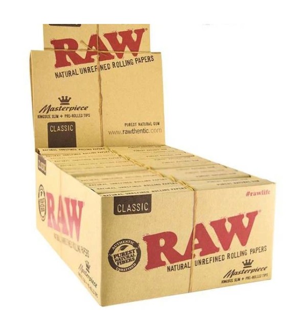 24 Raw Classic King Size Slim Rolling Papers + Tips (Connoisseur)