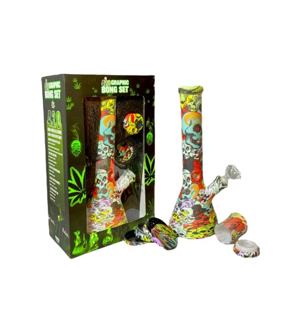420 Graphic Glass Bong Set 14"+ 50mm 4Part Grinder + Stash Jar- OSH114 - GS1194