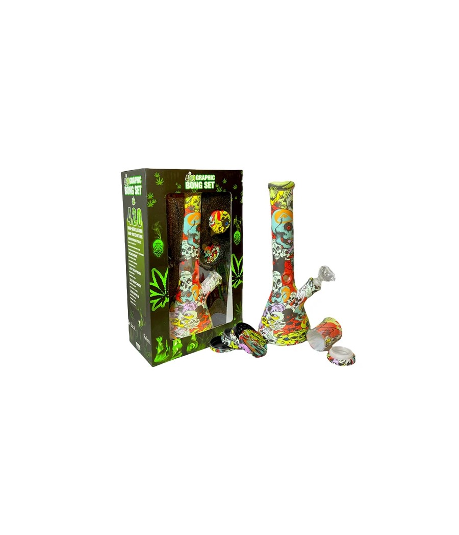 420 Graphic Glass Bong Set 14"+ 50mm 4Part Grinder + Stash Jar- OSH114 - GS1194
