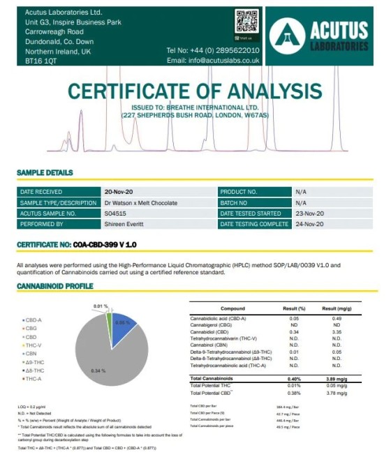 Dr Watson Melt 400mg CBD Dark Chocolate