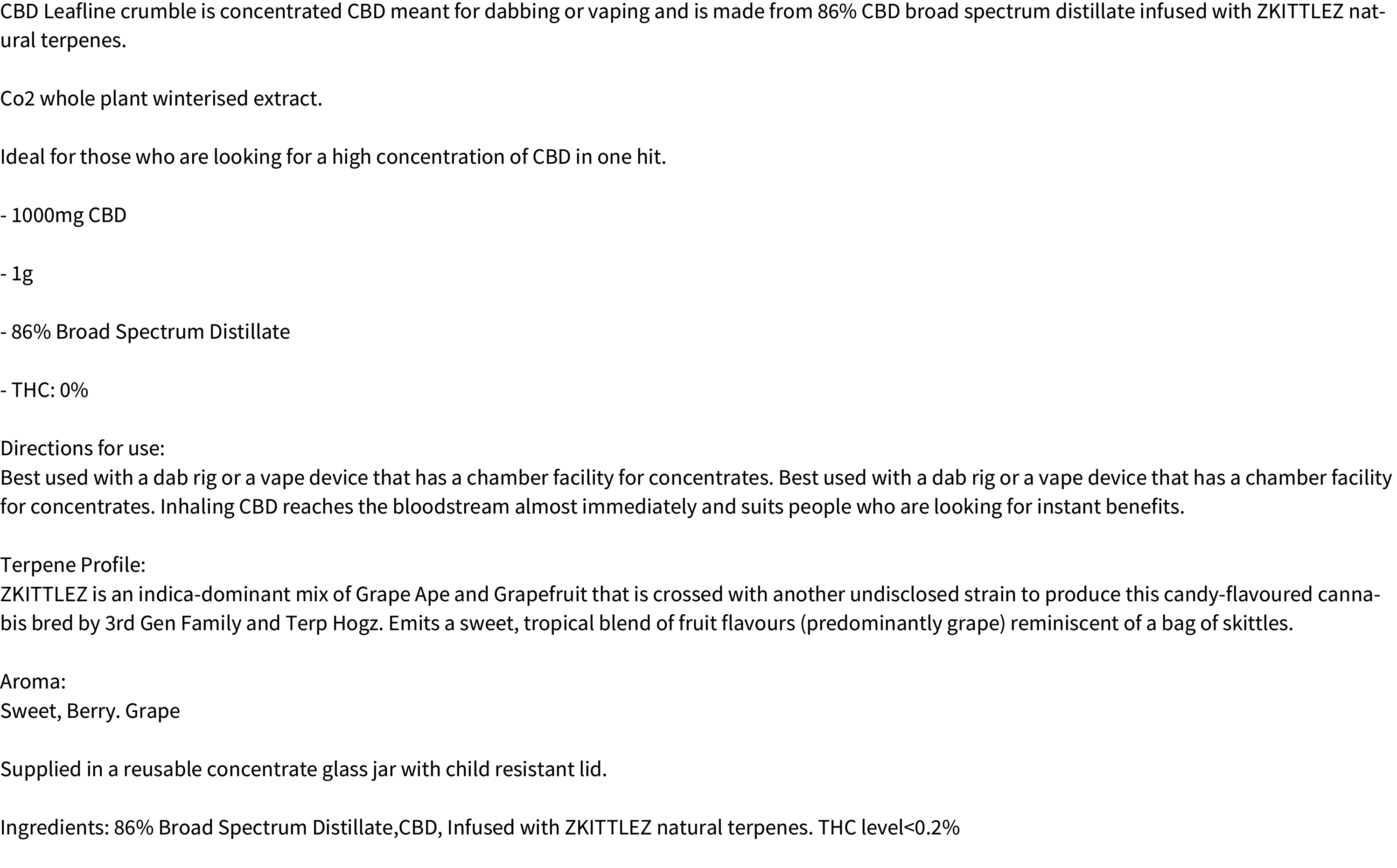 1000mg CBD Crumble (86%) ZKITTLEZ 1g by CBD Leafline
